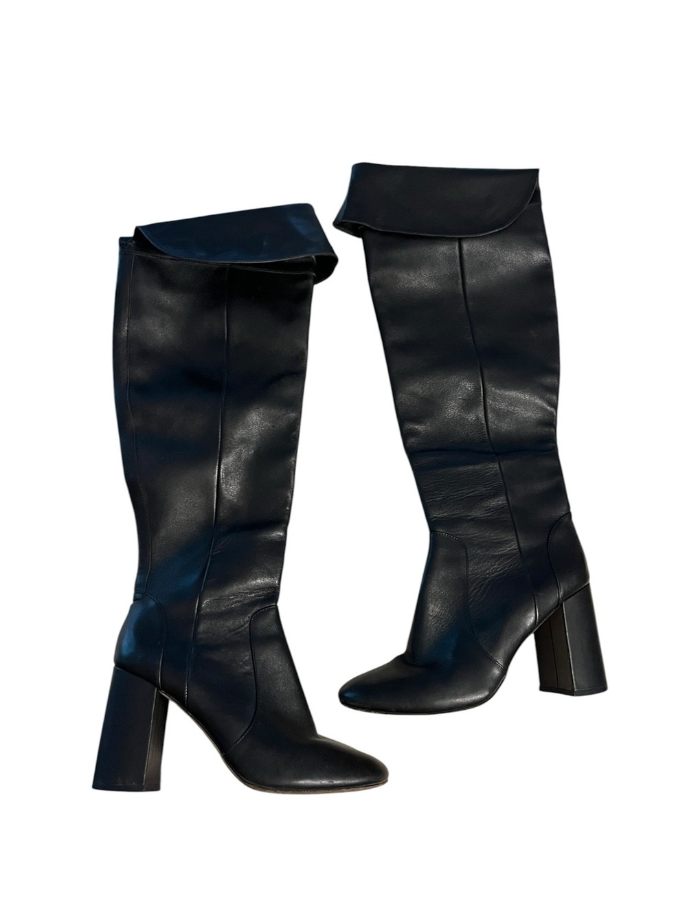Joie Lalana Over The Knee Black Leather Knee-High Stacked Block Heel Boots